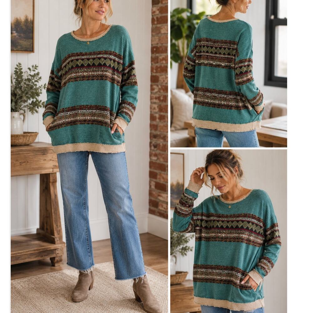 BKE Womens Large Southwestern Fair Isle Sweater Sweatshirt Raw Hem Pockets L